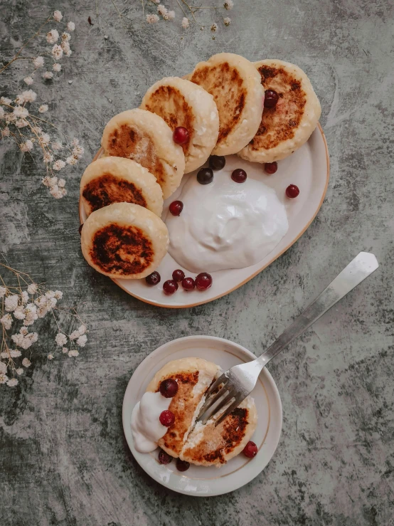 a plate of pancakes with yogurt and cranberries, by Emma Andijewska, hurufiyya, product image, polish, thumbnail, pastelle