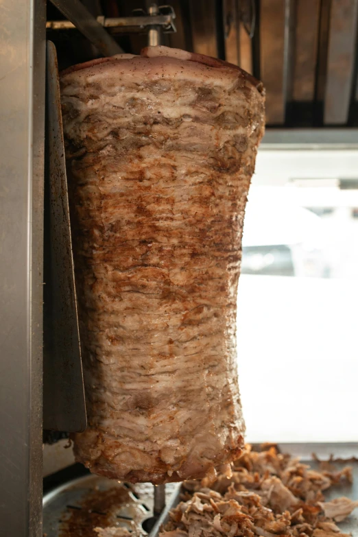 a kebab being cooked in a commercial kitchen, by Jessie Algie, with a few scars on the tree, massive wide trunk, meat texture, birch