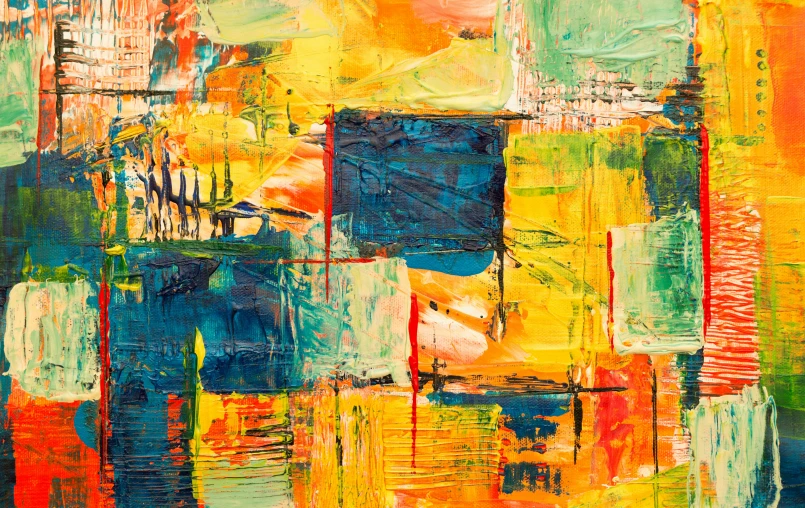 a painting with lots of different colors on it, trending on pixabay, abstract expressionism, patchwork, background yellow and blue, instagram post, teal and orange colours