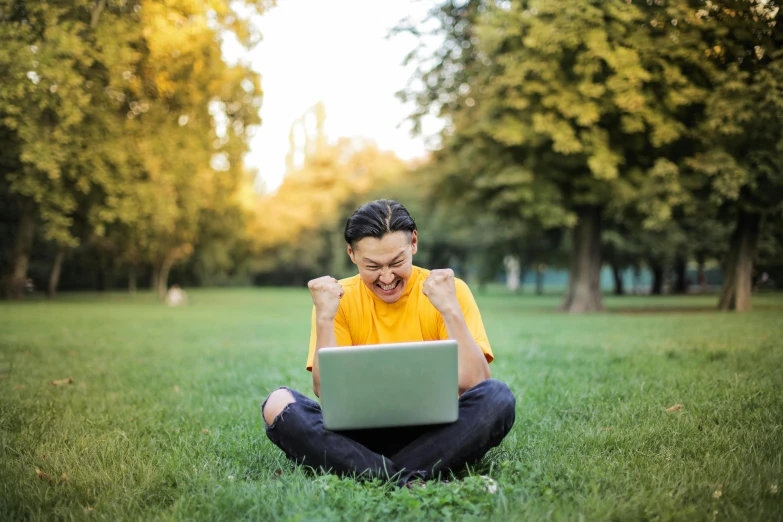 a man sitting in the grass using a laptop, pexels contest winner, cheering, yellow, avatar image, college