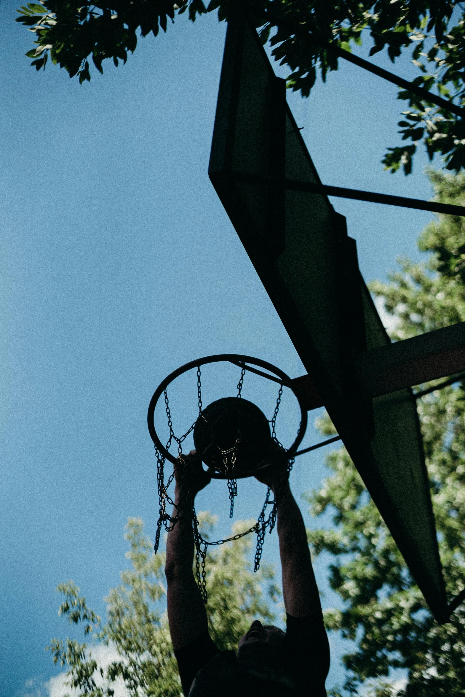 a man that is standing up with a basketball hoop, by Niko Henrichon, pexels contest winner, hurufiyya, hanging from a tree, deteriorated, blue skies, 15081959 21121991 01012000 4k