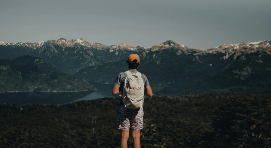 a man standing on top of a mountain with a backpack, pexels contest winner, against the backdrop of trees, avatar image, chile, young man with short