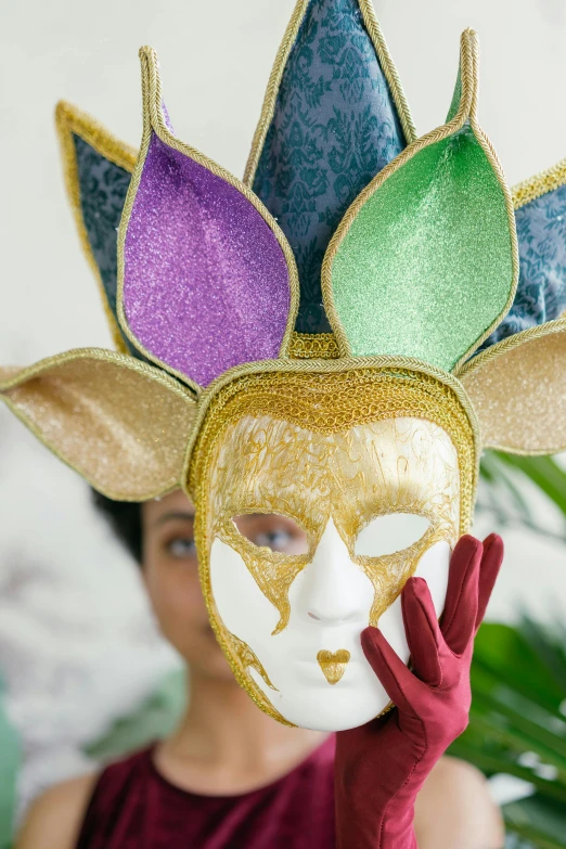 a woman holding a mask in front of her face, inspired by Bernd Fasching, renaissance, multicoloured, crown made of fabric, mysterio, medium close shot