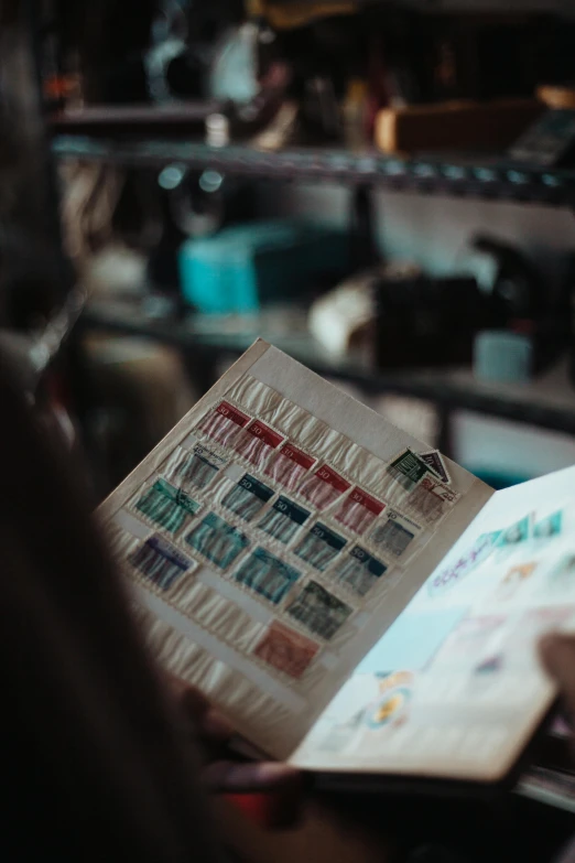 a woman sitting at a table reading a book, a cross stitch, by Daniel Lieske, trending on unsplash, on a poststamp, shelves filled with tomes, schematic in a notebook, photographed in film