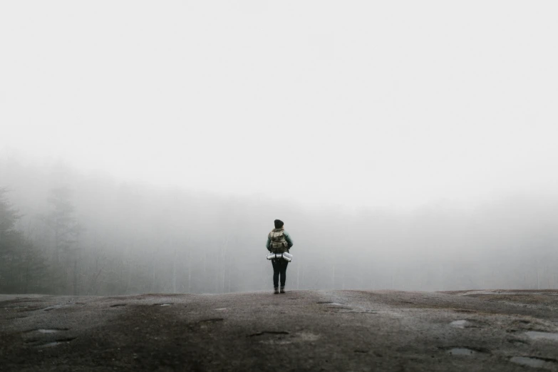 a person standing on top of a mountain in the fog, minimalism, grey skies, near forest, human staring blankly ahead, standing in street