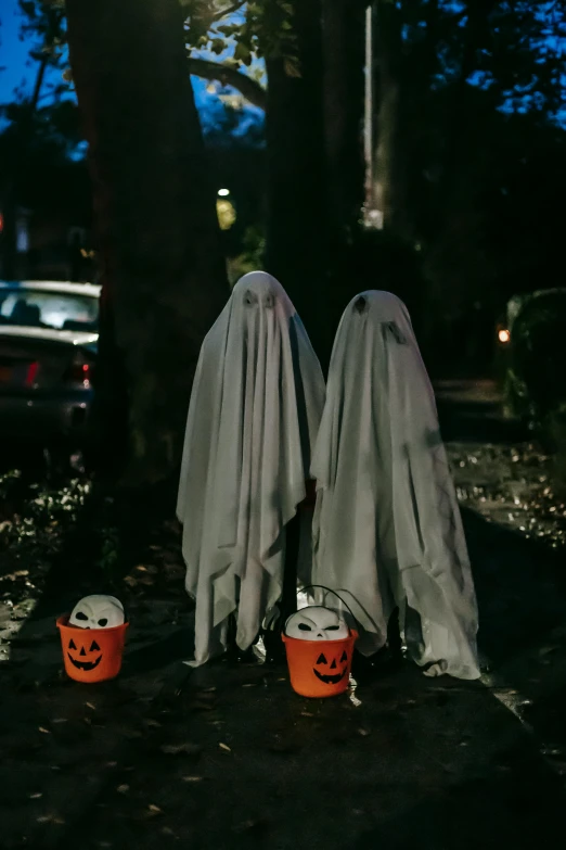 a couple of ghosts standing next to each other, pexels, happening, trick or treat, medium long shot, ( ( theatrical ) ), standing in road