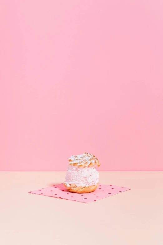 a donut sitting on top of a pink napkin, by Henriette Grindat, trending on unsplash, conceptual art, whipped cream, ffffound, background image, 🍸🍋