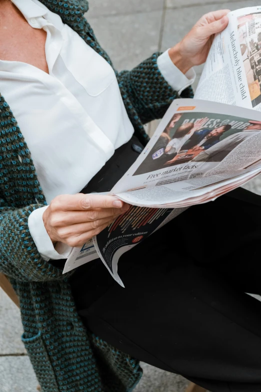 a woman sitting on a bench reading a newspaper, trending on unsplash, private press, closeup photograph, caucasian, lightly dressed, cartoons