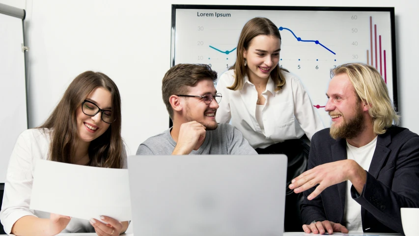 a group of people sitting around a table looking at a laptop, profile image, background image, whiteboards, pokimane