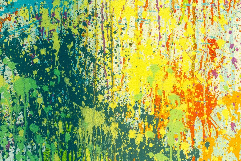a colorful painting with paint splatters on it, flickr, green and yellow tones, overgrown with shiny blobs, hi resolution, driping dry oil paint