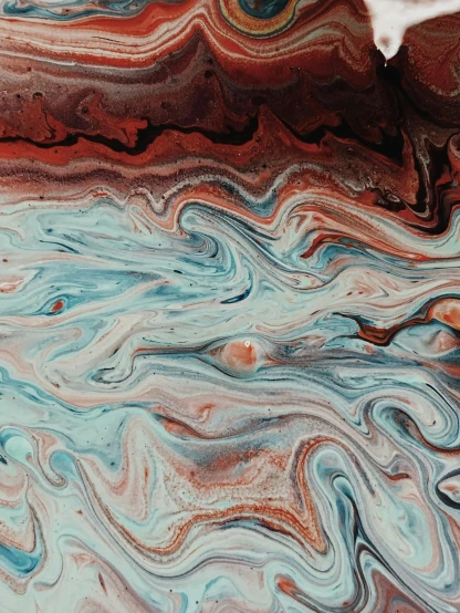 a close up of a painting of a body of water, inspired by Jan Rustem, trending on unsplash, abstract art, mocha swirl color scheme, red and cyan ink, nasa image, while marble