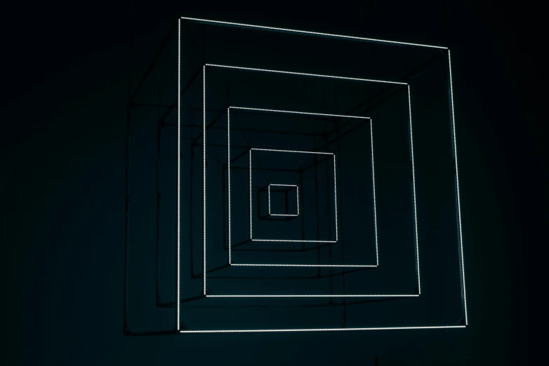 a square in the middle of a dark room, an album cover, inspired by Richard Anuszkiewicz, unsplash, computer art, white neon lights, ignant, low angle dimetric rendering, high resolution