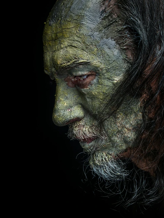 a close up of a person with paint on their face, a hyperrealistic painting, featured on zbrush central, an oldman, green skin. intricate, a photo of a disheveled man, lee madgwick & yuto yamada