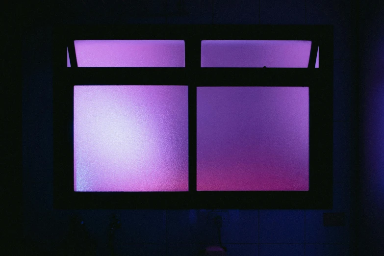 a close up of a window in a dark room, a hologram, inspired by Elsa Bleda, unsplash, gradient black to purple, house windows, pink and purple, an empty backroom at night