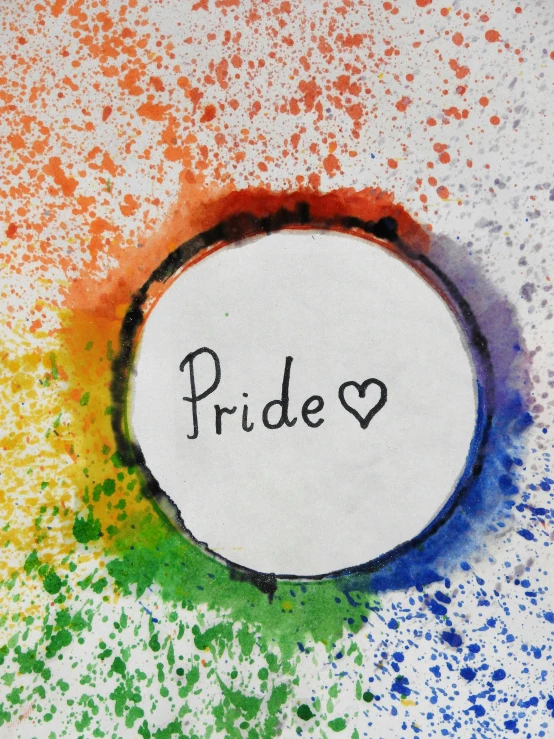 a piece of paper with the word pride painted on it, by Grace Polit, crayon art, round-cropped, promo image, grainy picture, indi creates