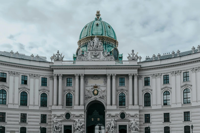 a large white building with a green dome, a photo, pexels contest winner, neoclassicism, austria, grey, square, ornate