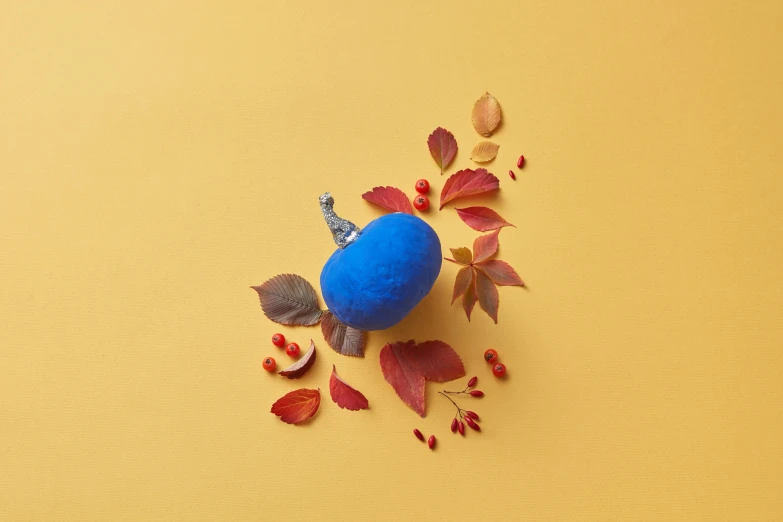 a blue egg surrounded by autumn leaves on a yellow background, inspired by Yves Klein, unsplash contest winner, magic realism, lecherous pose, candy apple, miniature product photo, fuchsia and blue