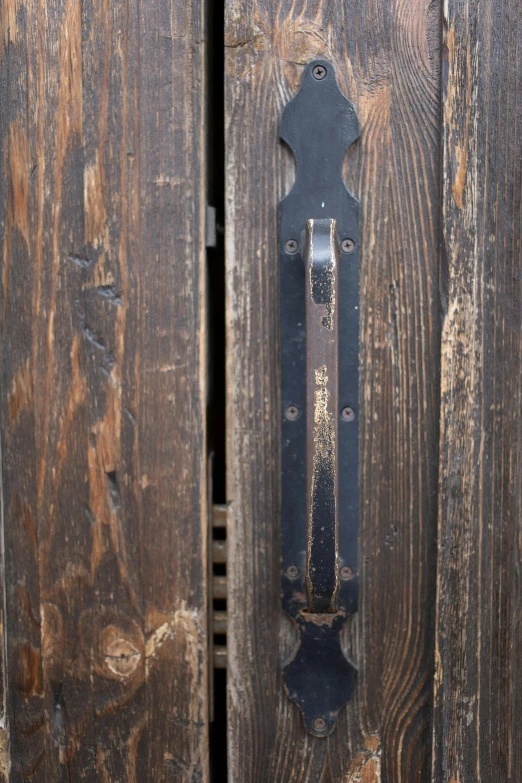 a close up of a door handle on a wooden door, by Jan Tengnagel, black vertical slatted timber, steampunk katana, large tall, rustic