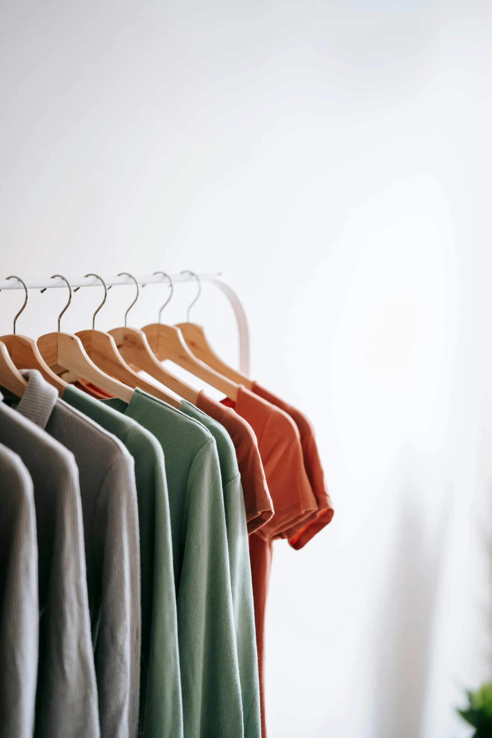 a row of clothes hanging on a clothes rack, a colorized photo, trending on unsplash, minimalism, wearing a light shirt, green and brown clothes, programming, gray and orange colours