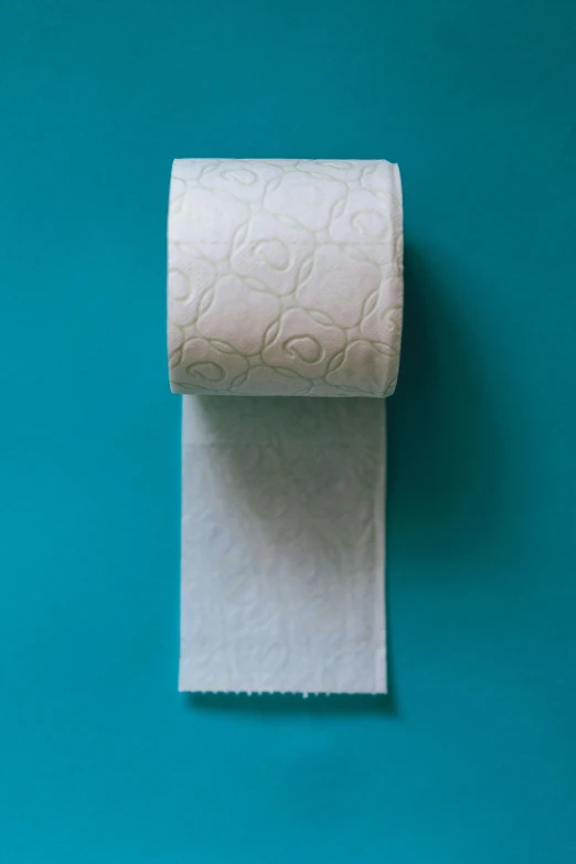 a roll of toilet paper on a blue background, by Jessie Algie, embossed, 2 1 st century, patterned, beige