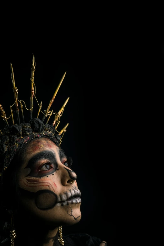 a woman with makeup and a crown on her head, by Alejandro Obregón, pexels contest winner, hyperrealism, skeleton warrior, slide show, dark backdrop, taken in the late 2010s