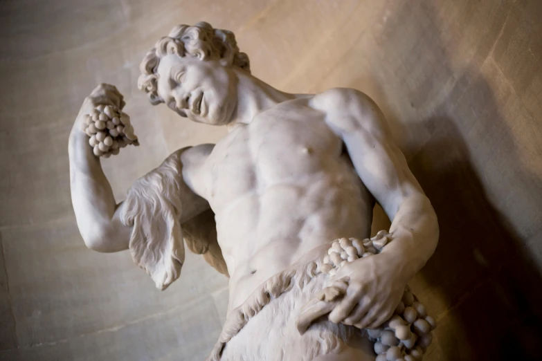 a statue of a man holding a bunch of grapes, a marble sculpture, pexels contest winner, mannerism, épaule devant pose, slide show, grey, also known as artemis the selene