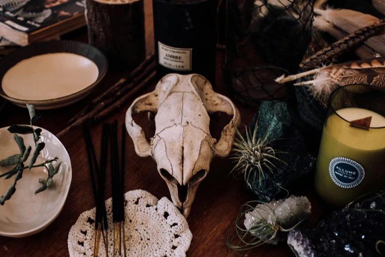 a wooden table topped with assorted items, trending on pexels, vanitas, ram skull headpiece, apothecary, profile image, witchy