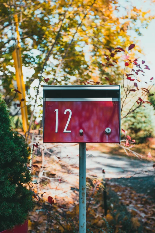 a red mailbox sitting on the side of a road, by Julia Pishtar, unsplash, modernism, numerology, square, 1 2 k, panels