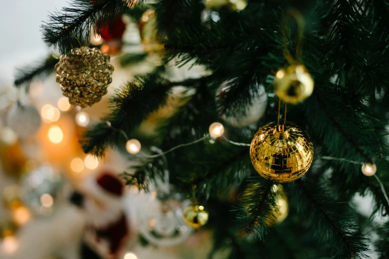 a close up of a christmas tree with ornaments, by Julia Pishtar, pexels, green and gold, multiple stories, cosy, thumbnail