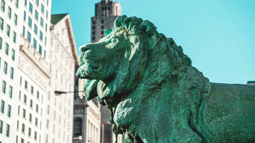 a statue of a lion in front of a building, by Sebastian Vrancx, pexels contest winner, chicago, verdigris, split near the left, looking across the shoulder