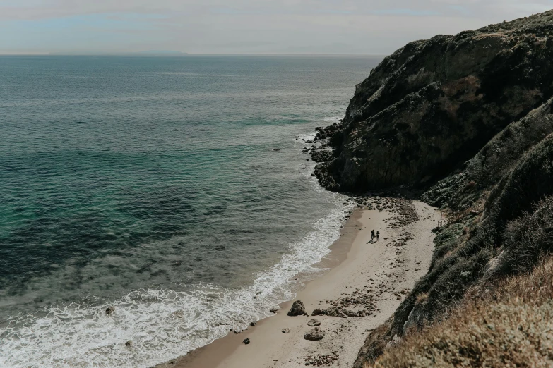 a group of people standing on top of a beach next to the ocean, by Thomas Furlong, pexels contest winner, malibu canyon, steep cliffs, thumbnail, flatlay