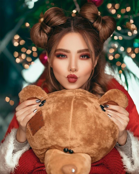 a woman holding a teddy bear in front of a christmas tree, by Julia Pishtar, trending on pexels, toyism, sexy face with full makeup, hair dyed to a hazelnut brown, asian women, inflatable