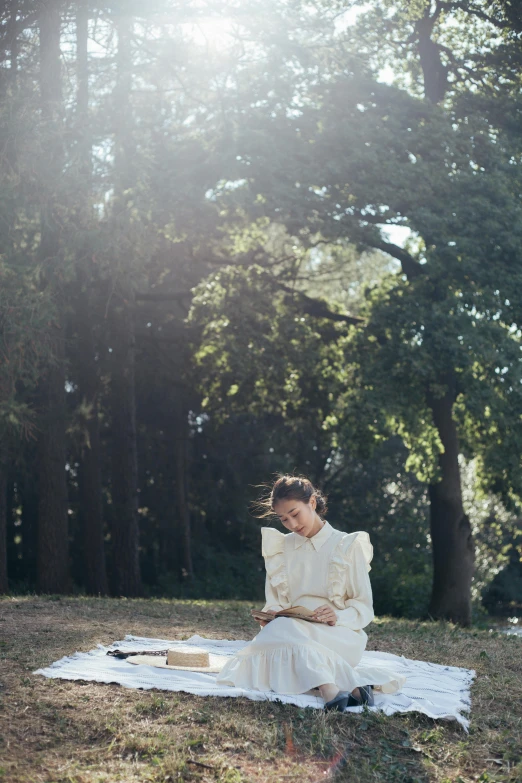 a woman sitting on a blanket in a park, unsplash, romanticism, nico wearing a white dress, reading under a tree, having a snack, frilled blooming collar