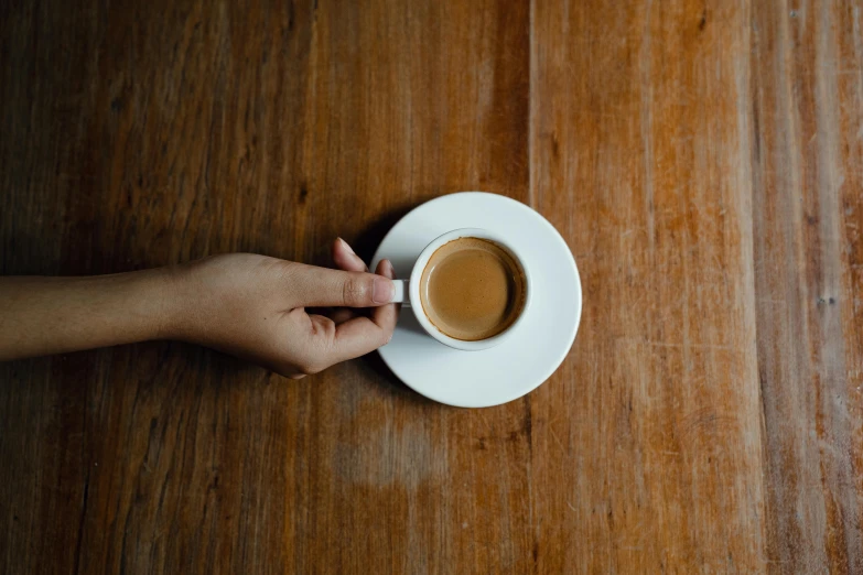 a person holding a cup of coffee on a wooden table, by Emma Andijewska, trending on unsplash, minimalism, background image, very thin, glossy surface, thumbnail