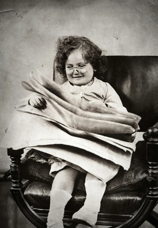 a little girl that is sitting in a chair, an album cover, by William John Thomson, shutterstock contest winner, happening, early 1900s newspaper, wearing reading glasses, manically laughing, 18th century photograph