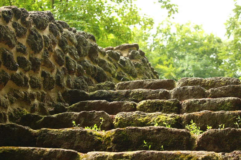 a bunch of rocks with moss growing on them, an album cover, unsplash, outdoor staircase, mayan, historical photo, promo image