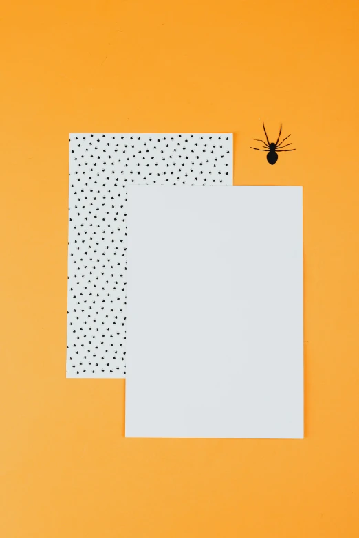 two sheets of paper and a spider on an orange background, light grey backdrop, polka dot, full product shot, spooky halloween fun