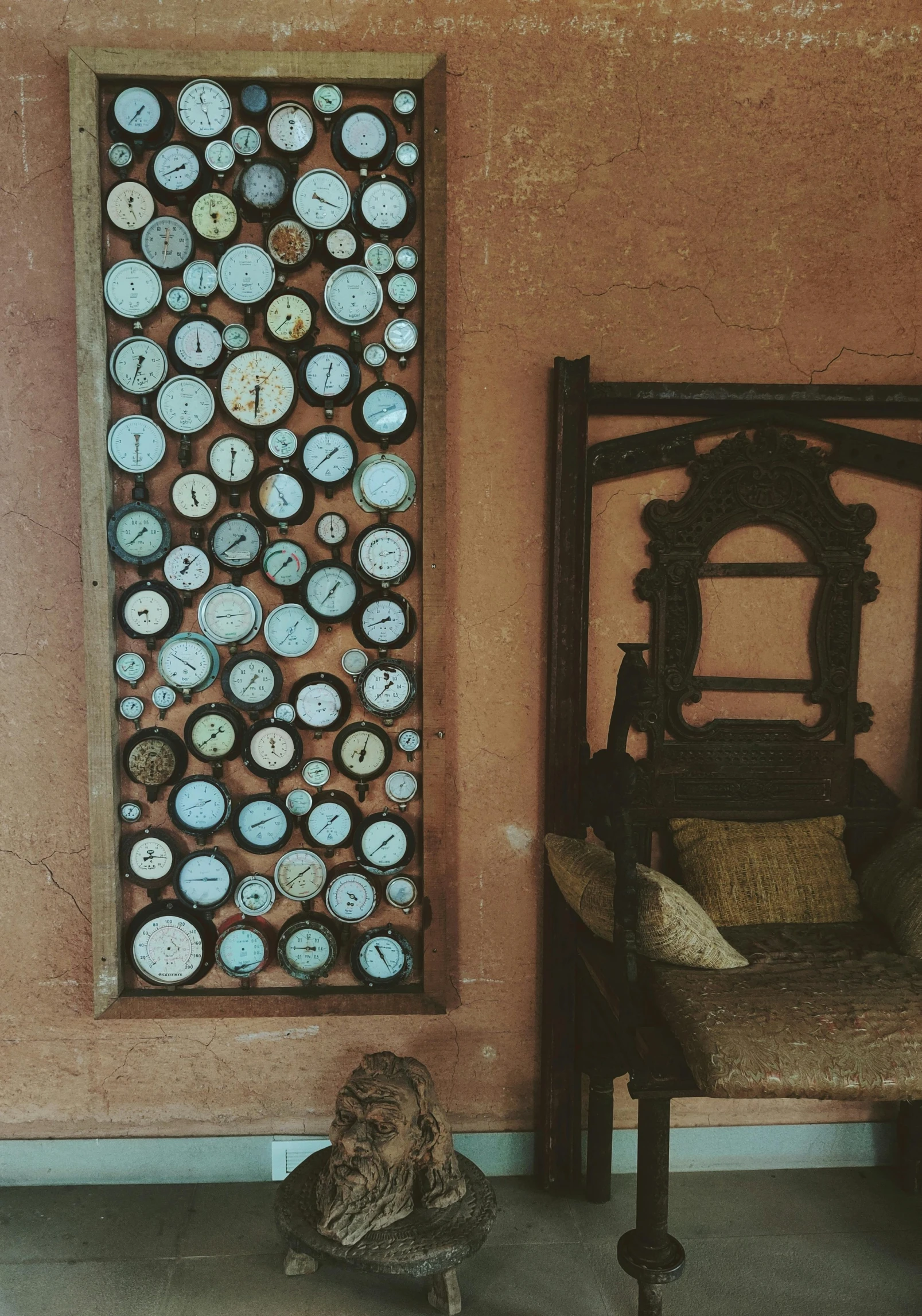 a chair sitting in front of a wall with clocks on it, kinetic art, buttons, assamese aesthetic, full frame image, instagram photo