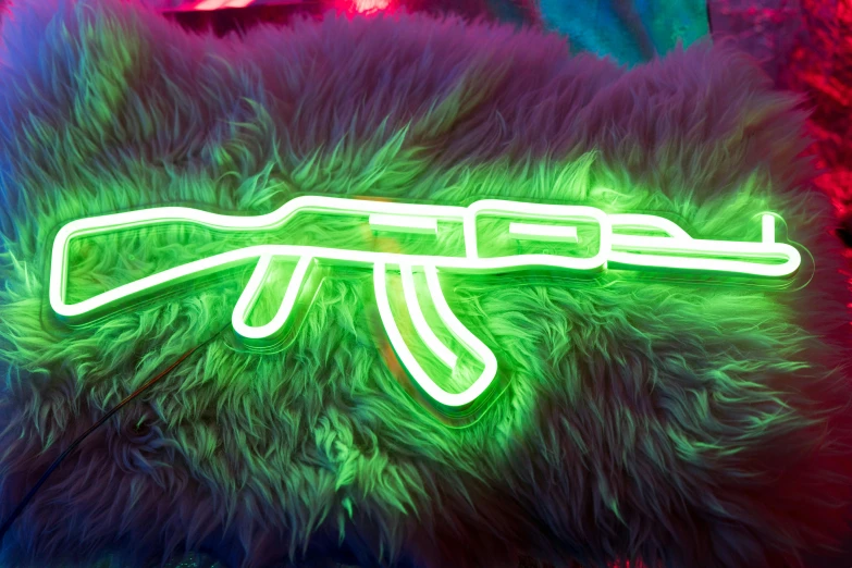 a neon sign that has a neon gun on it, cyberpunk art, inspired by Elsa Bleda, unsplash, furry art, green fur, assault rifle, detail shot, scene from a rave