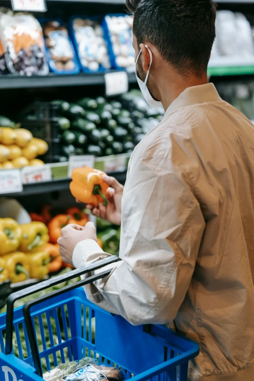 a man wearing a face mask while shopping in a grocery store, pexels, renaissance, organic detail, australian, thumbnail, 8l
