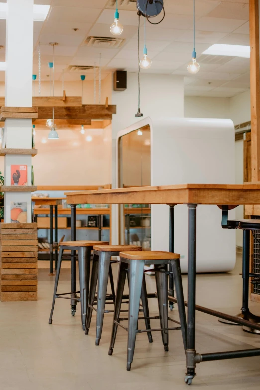 a restaurant with wooden tables and metal stools, by Washington Allston, incubator medpods, profile image, full body image, studio photo