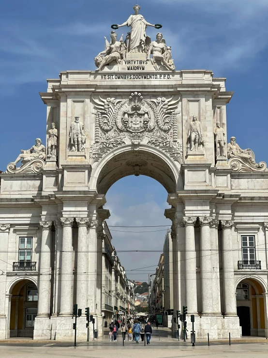 a large white arch with statues on top of it, pexels contest winner, neoclassicism, lisbon, electricity archs, profile image, 2 5 6 x 2 5 6 pixels