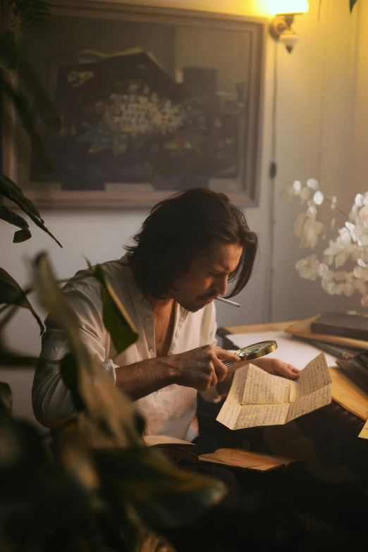 a woman sitting at a table reading a book, a still life, pexels contest winner, romanticism, portrait of keanu reeves, jonny greenwood (lead guitar), ignant, botanical herbarium paper