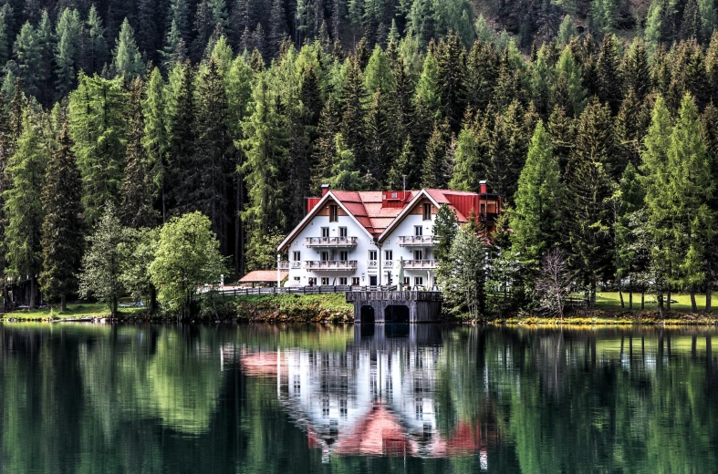 a house sitting on top of a lake next to a forest, by Julia Pishtar, pexels contest winner, renaissance, spruce trees, white, chalet, white buildings with red roofs