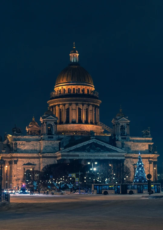 a large building that is lit up at night, pexels contest winner, baroque, with great domes and arches, russian neoclassicism, promo image, holiday