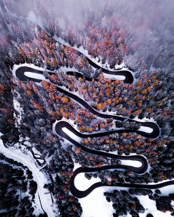 a winding road surrounded by snow covered trees, an album cover, by Adam Szentpétery, unsplash contest winner, curvy build, flight, chocolate river, sport