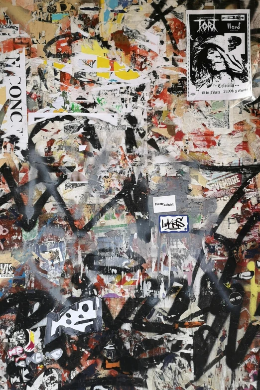 a wall covered in lots of graffiti and stickers, inspired by Mimmo Rotella, trending on unsplash, neo-expressionism, close-up print of fractured, 144x144 canvas, post-apocalyptic times square, ( collage )