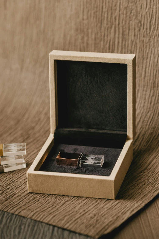 a couple of glasses sitting inside of a wooden box, an album cover, inspired by Eden Box, unsplash, taking tobacco snuff, the ring is horizontal, highly detailed engraving, small gadget
