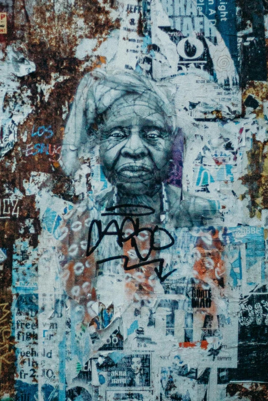 a painting of an old woman on a wall, an album cover, by artist, pexels contest winner, street art, scribbled, african iconography, hyperdetailed photograph, collage artwork