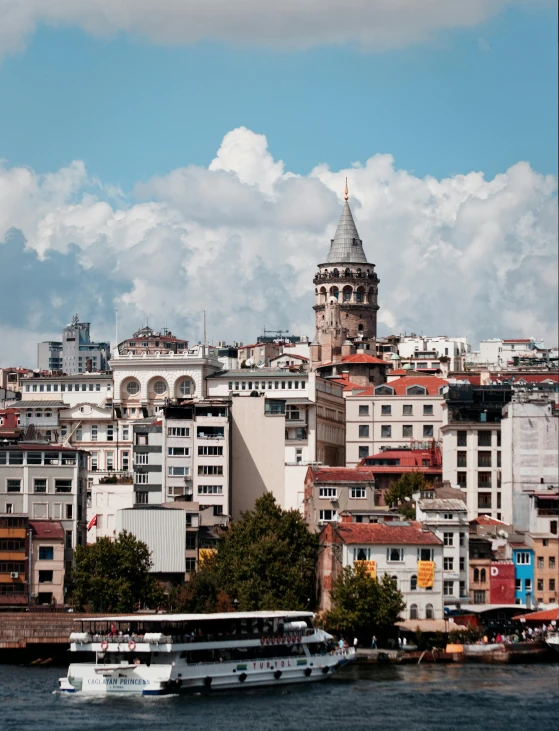 a large body of water with a boat in it, inspired by Niyazi Selimoglu, pexels contest winner, art nouveau, city buildings on top of trees, mixture turkish and russian, brutalist buildings tower over, gif